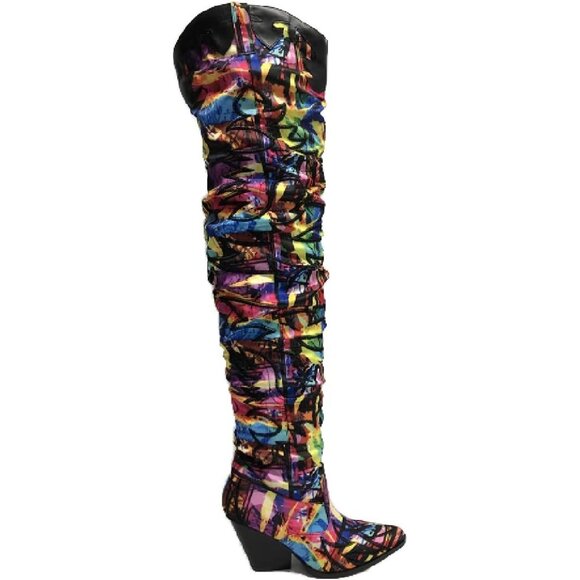 Women Black Multicolor Fabric Thigh High Over Knee Pointed Toe Chunky Heel Boot - Picture 2 of 4